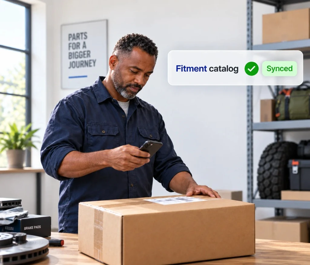 Auto, sports, and outdoors seller scanning a shipping label with fitment catalog synced to inventory