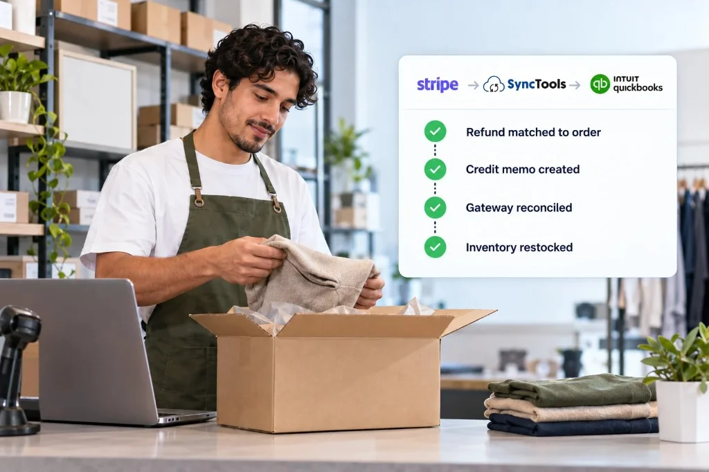 Automated refund sync from Stripe to QuickBooks with order matching, credit memo creation, and inventory updates.
