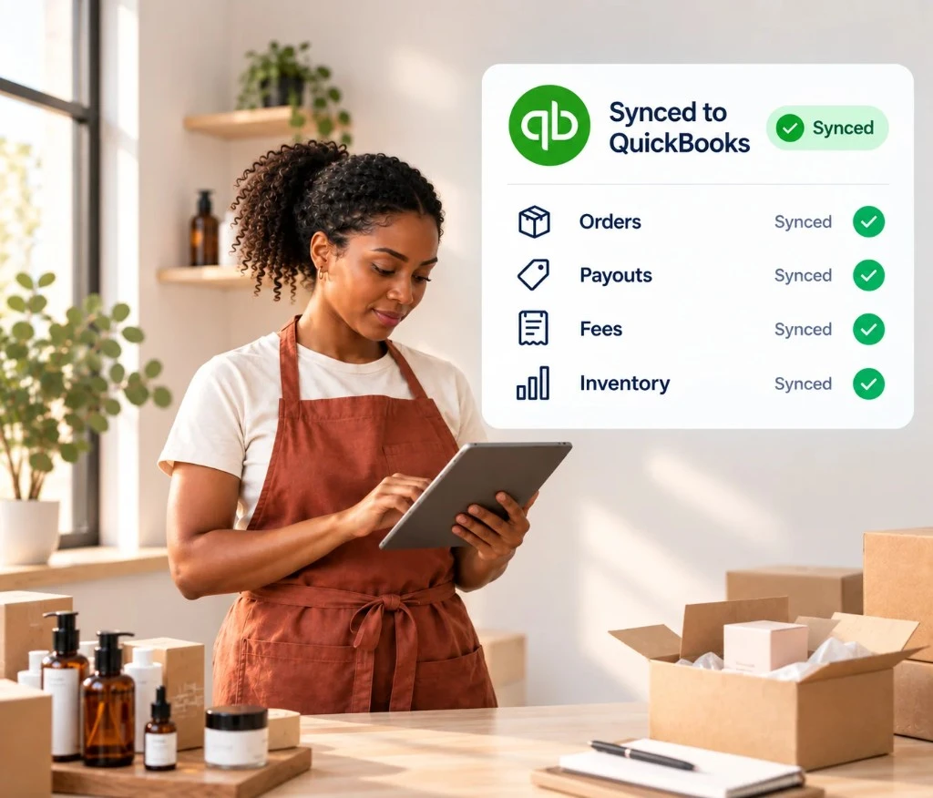 Beauty and cosmetics business owner syncing orders, payouts, fees, and inventory to QuickBooks