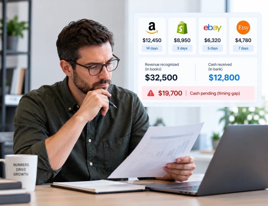 Different ecommerce settlement cycles showing revenue, cash received and timing gaps across sales channels