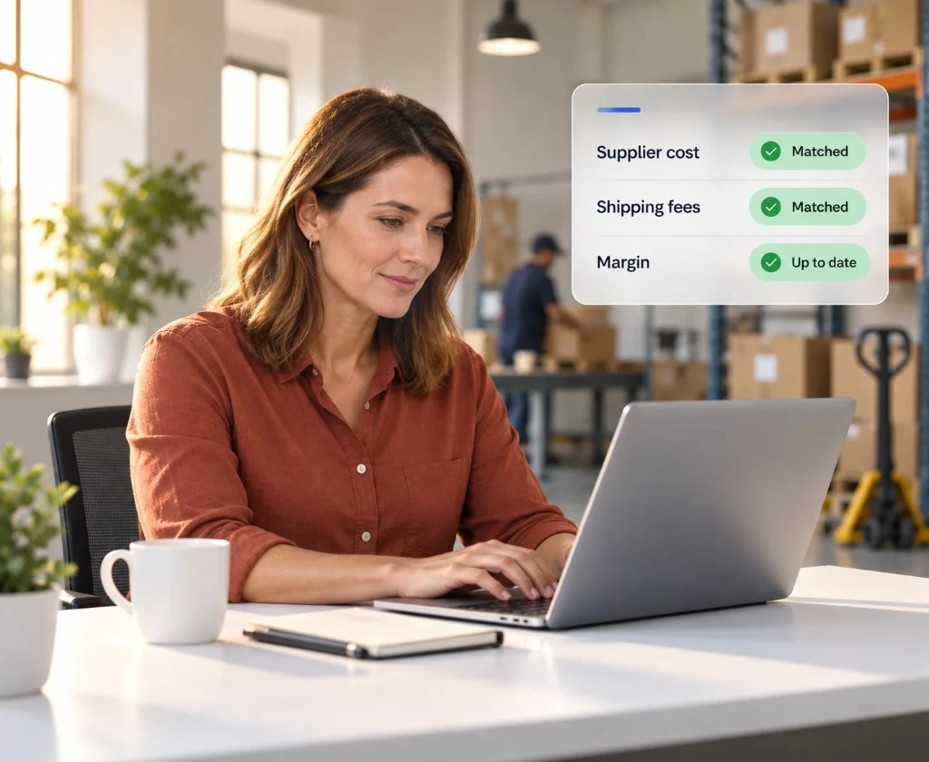 Dropshipping and 3PL operator reviewing matched supplier costs, shipping fees, and profit margin