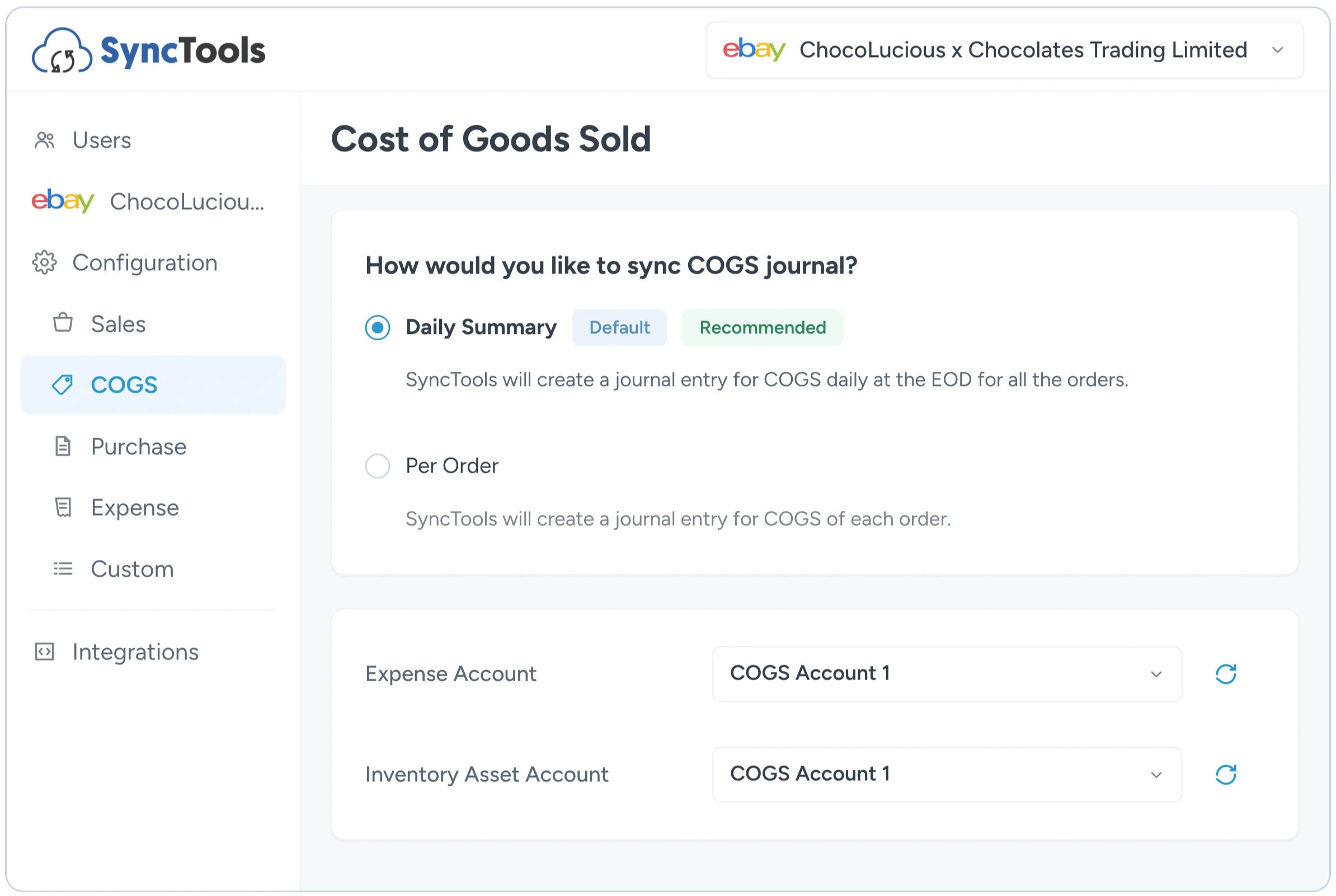 eBay to NetSuite COGS configuration for syncing cost of goods sold journals in SyncTools