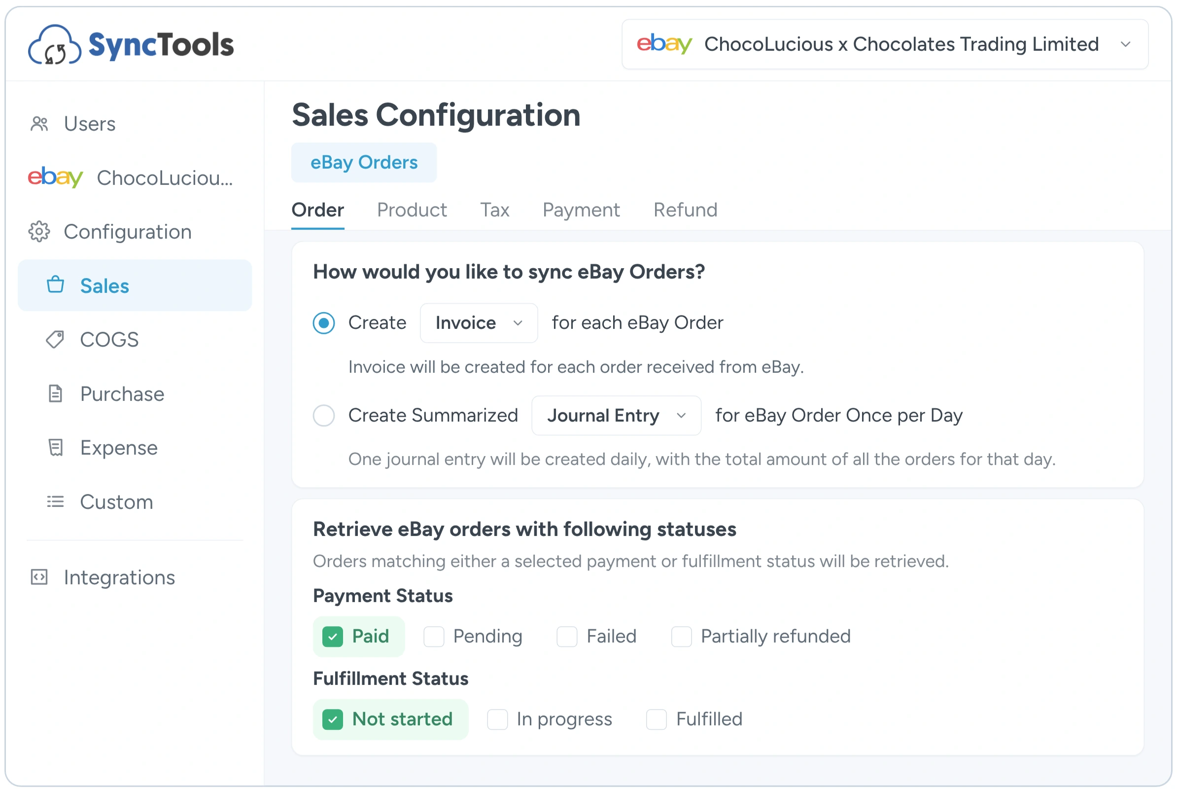 eBay to NetSuite sales configuration for individual and summarized order sync in SyncTools