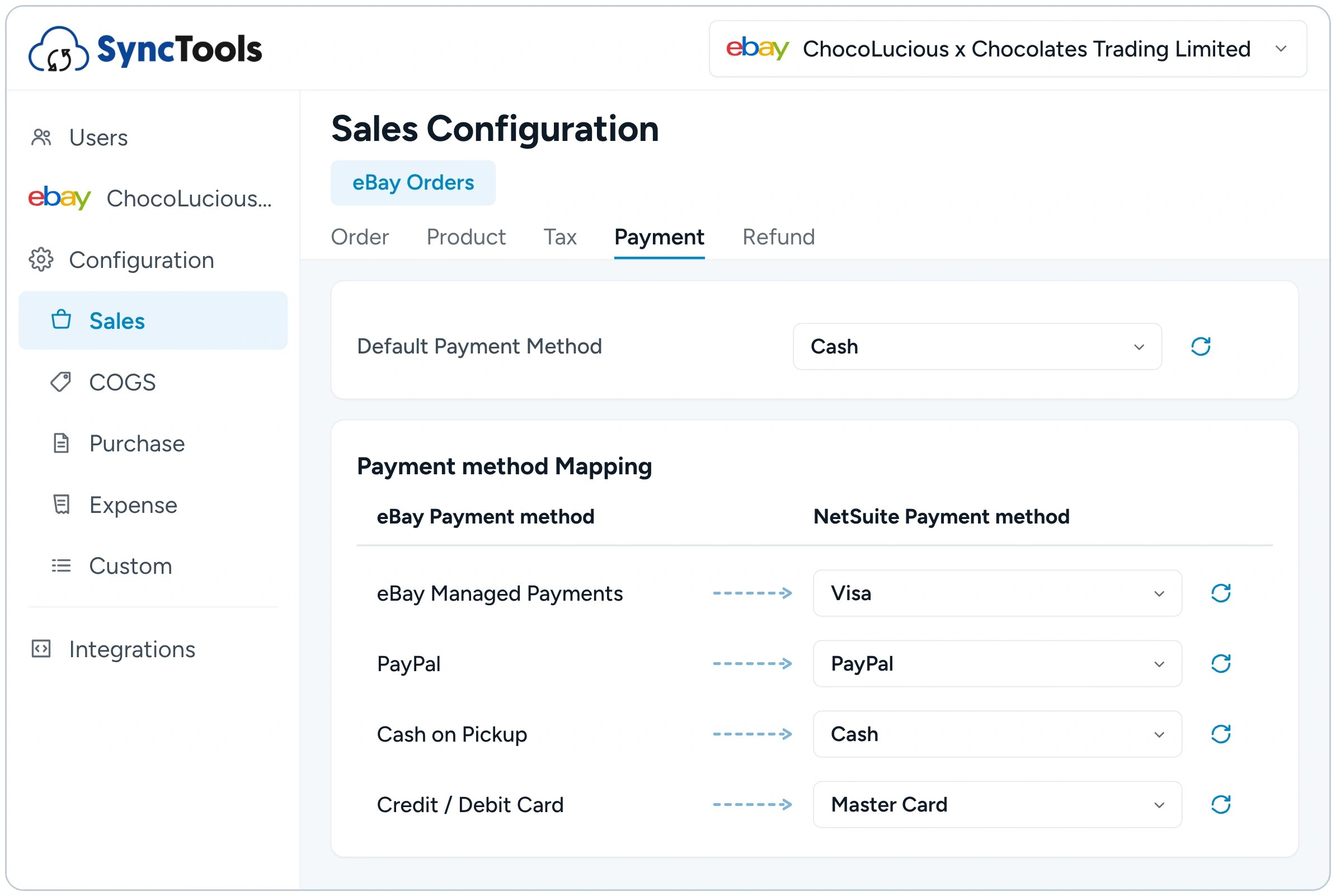 SyncTools eBay to NetSuite payment method mapping with account configuration