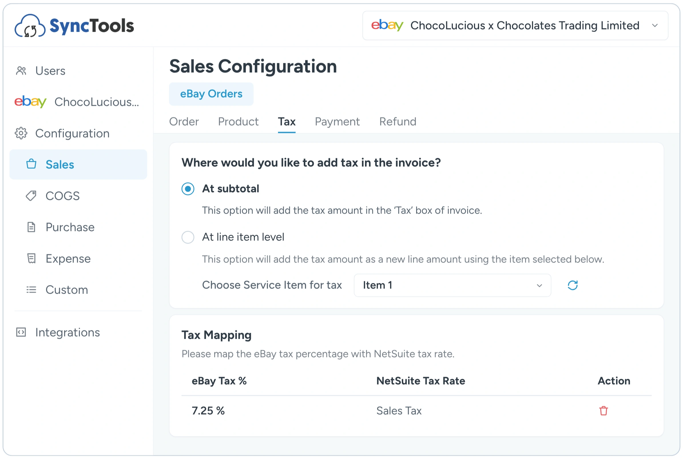 eBay to NetSuite tax mapping configuration for syncing tax rates in SyncTools