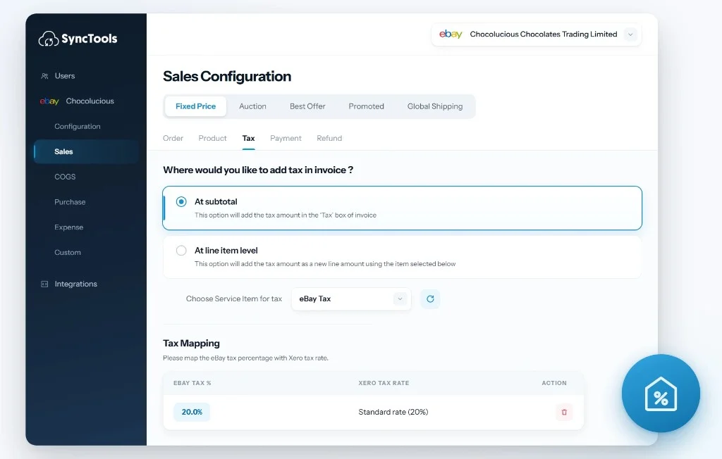 eBay Xero advanced tax settings showing tax configuration and tax rate mapping in SyncTools