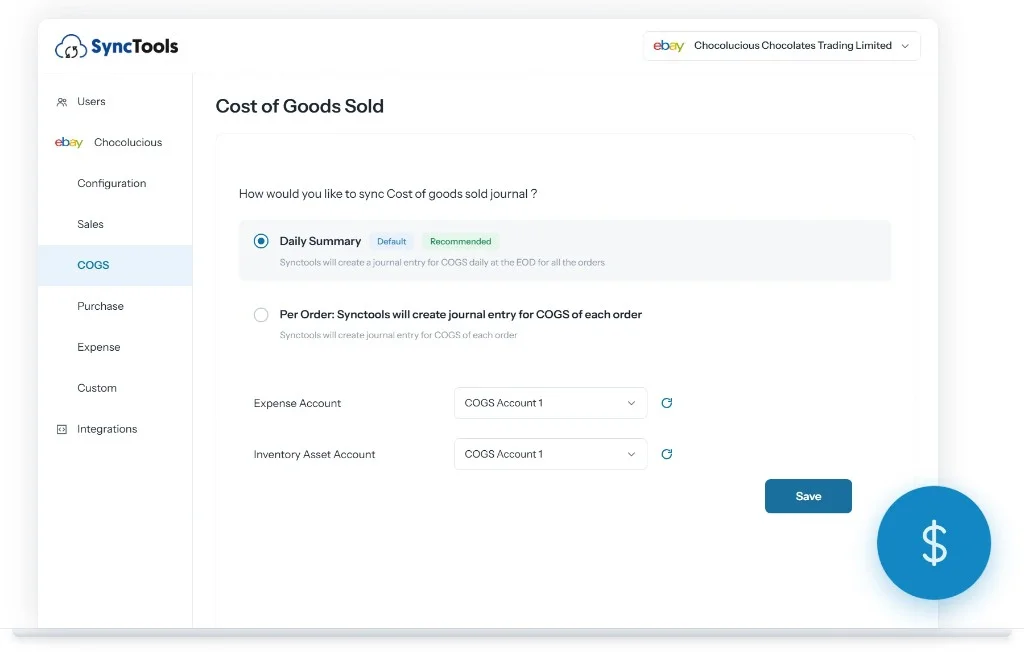 eBay Xero COGS settings showing daily summary, per-order journals, and account mapping in SyncTools
