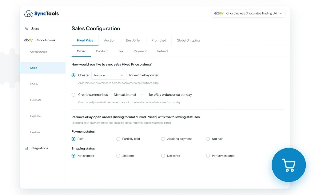 eBay Xero sales configuration showing individual invoice and summarized order sync settings in SyncTools