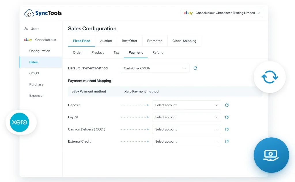 eBay to Xero payment mapping configuration for syncing payment methods and accounts