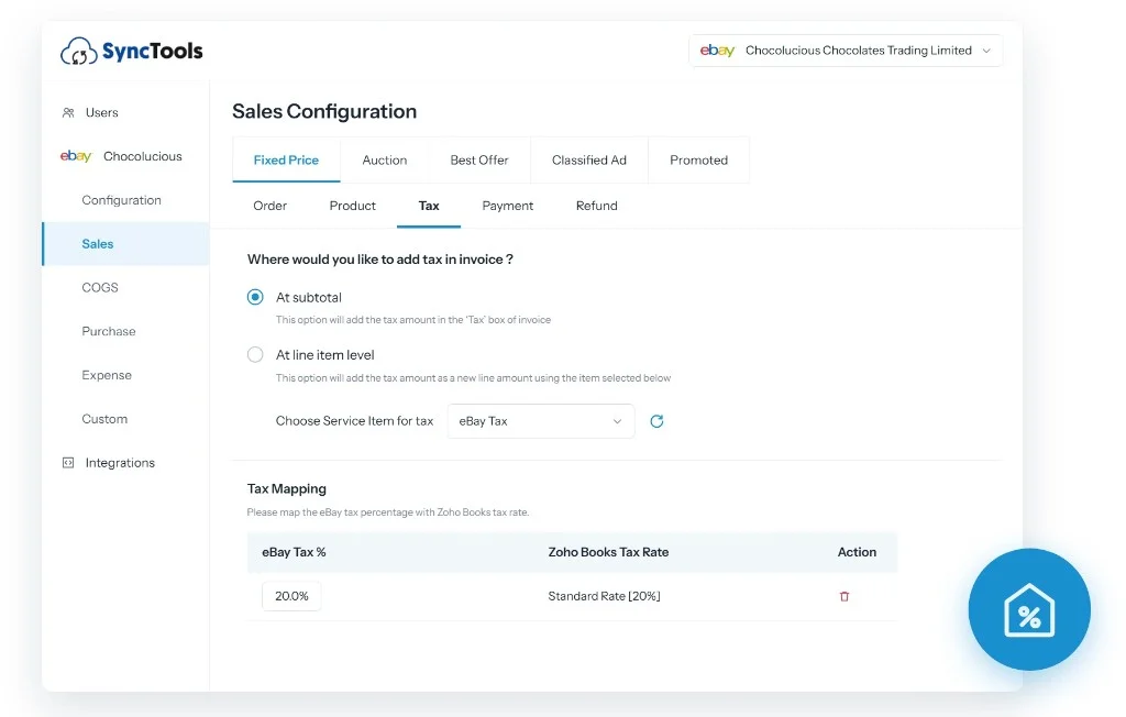 eBay to Zoho Books advanced tax settings and tax mapping configuration in SyncTools