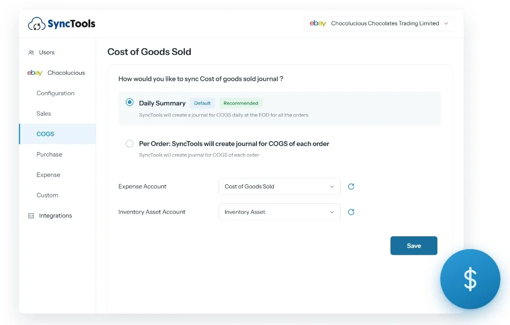 eBay to Zoho Books COGS configuration for tracking cost of goods sold and inventory accounts