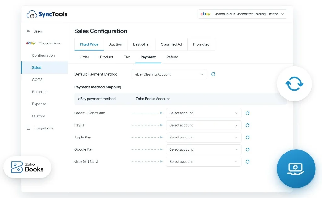 eBay to Zoho Books payment mapping configuration with payment methods and account selection in SyncTools