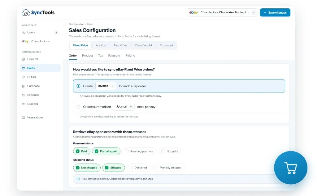 eBay to Zoho Books sales configuration for syncing individual and summarized orders