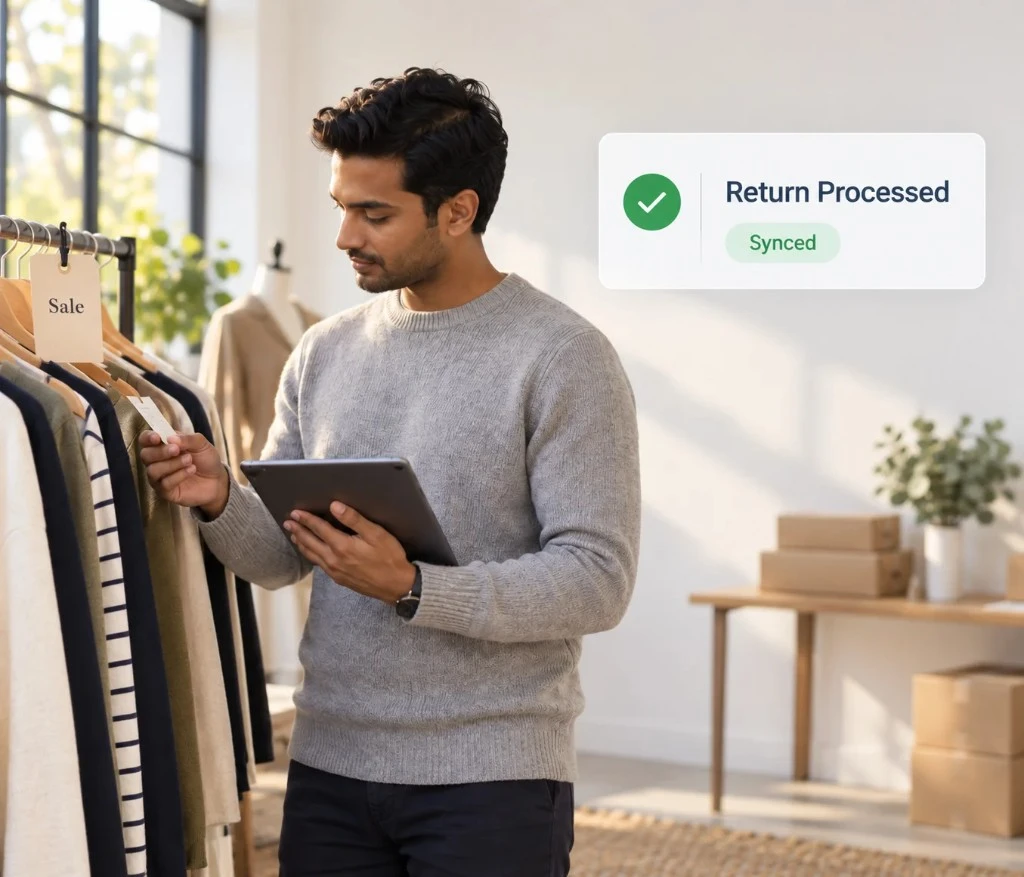 Ecommerce seller using a tablet while a return is shown as processed and synced.