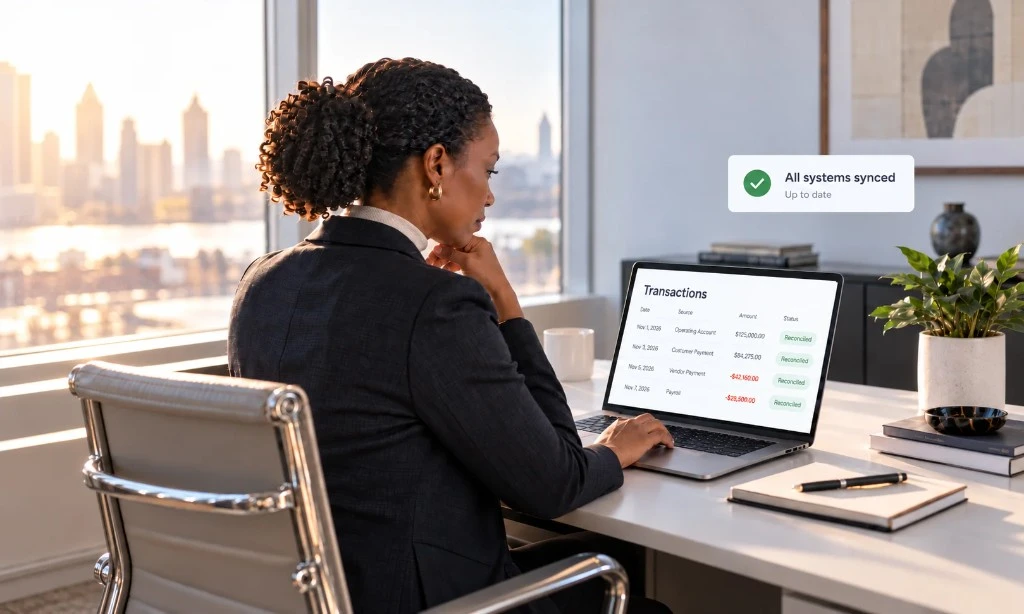 Financial intelligence hub showing reconciled transactions and synced accounting systems on a laptop
