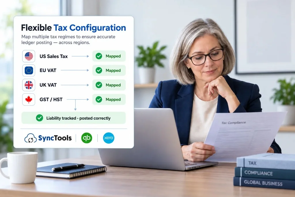 Flexible tax configuration mapping US sales tax, EU VAT, UK VAT, and GST/HST for accurate ledger posting