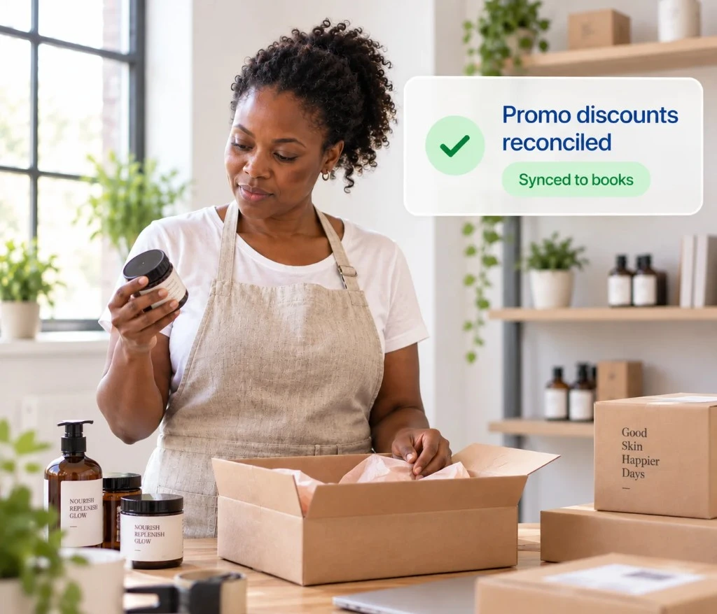 Beauty product seller packing orders with promo discounts reconciled and synced to accounting books