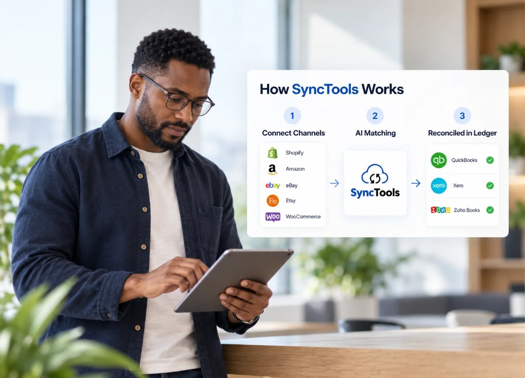 SyncTools connects ecommerce channels, matches transactions, and reconciles them in accounting ledgers