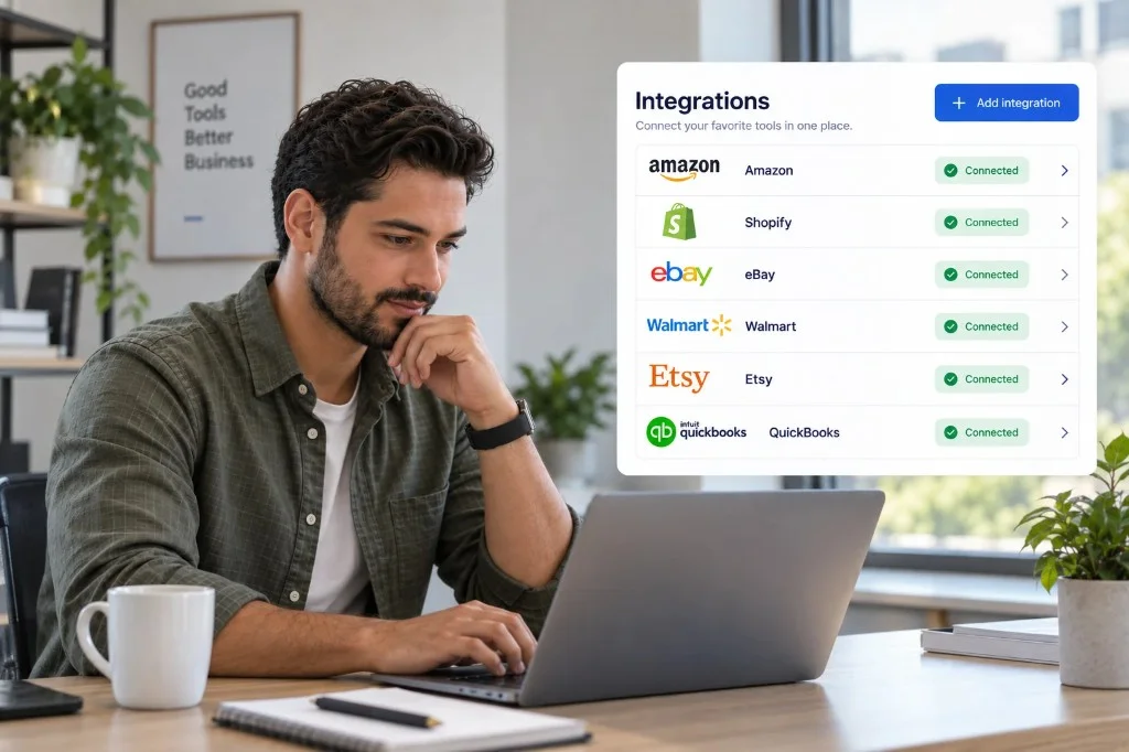Native integrations connecting Amazon, Shopify, eBay, Walmart, Etsy, and QuickBooks in one platform