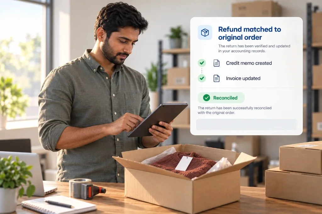 Automated order refund reconciliation with credit memo and invoice updates in accounting records