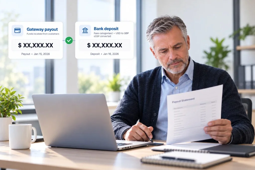 Payment gateway reconciliation showing a matched payout and bank deposit for accurate financial records