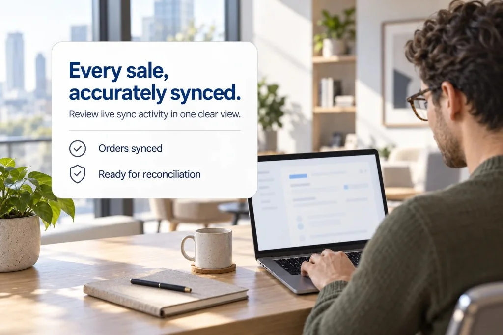 Real-time dashboard showing synced orders and reconciliation activity for ecommerce sales analytics