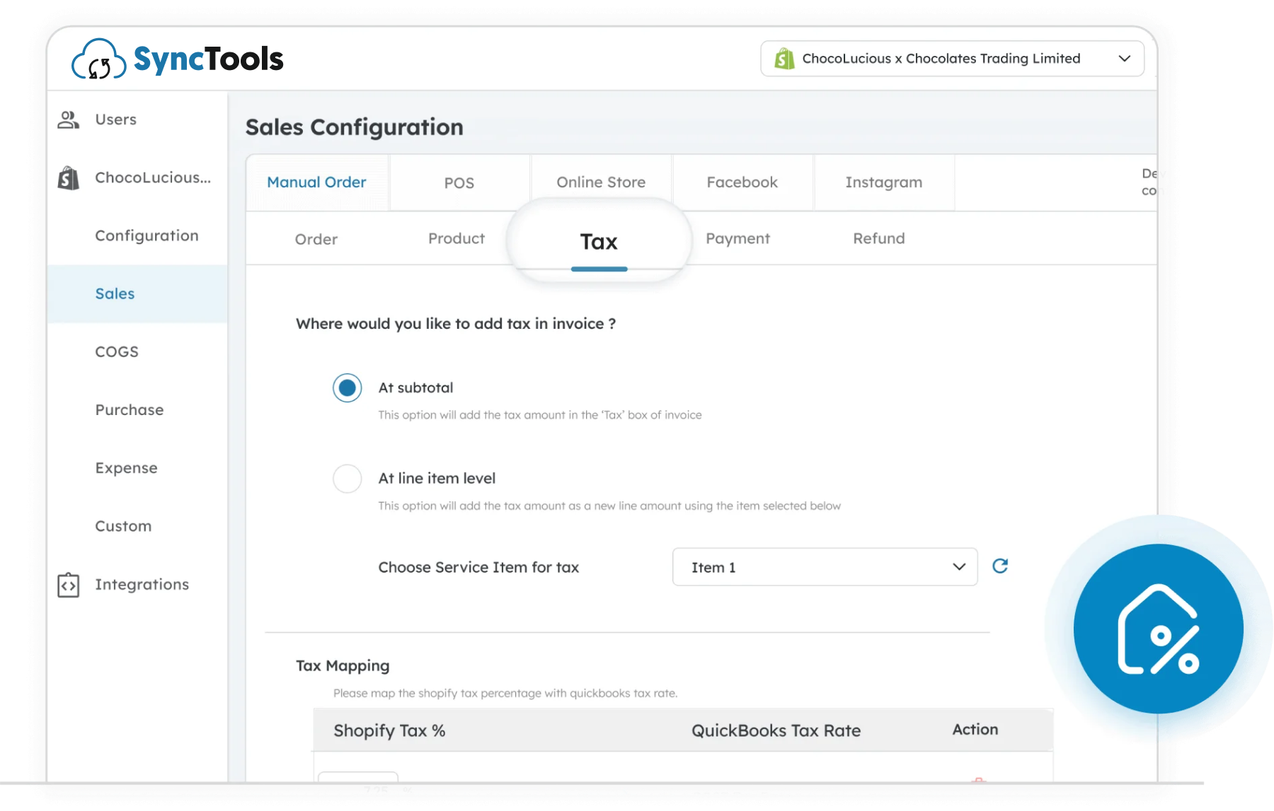Configure tax settings in SyncTools for Shopify to Sage sync with subtotal or line item tax and tax rate mapping options