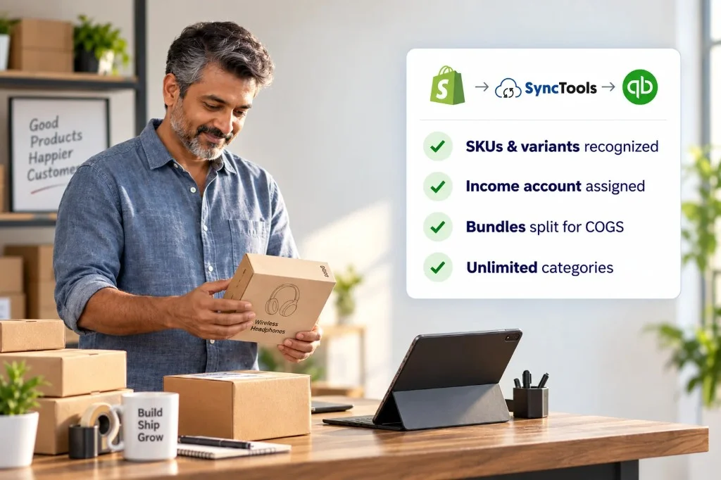 Smart product mapping recognizes SKUs, assigns income accounts, and splits bundles for accurate COGS tracking