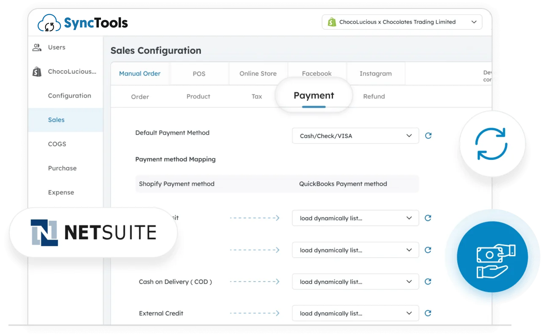 SyncTools payment configuration screen showing payment method mapping with NetSuite integration settings