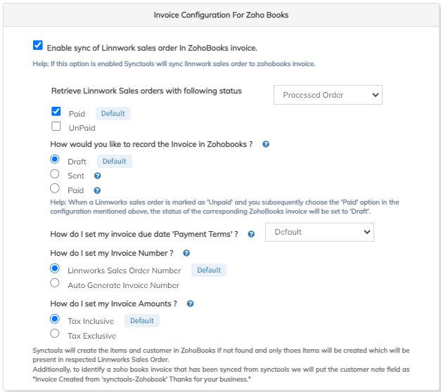 Enable sync of Linnworks sales order For ZohoBooks Invoice