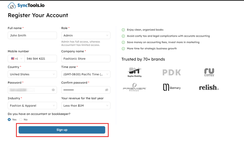 SyncTools registration screen for creating a new account to set up ecommerce and accounting software integration