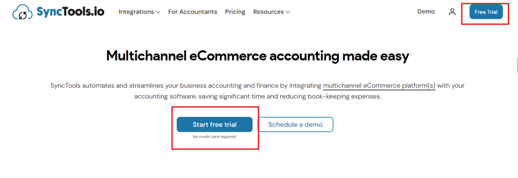 SyncTools interface showing steps to connect a Shopify store for automated ecommerce data syncing with accounting software