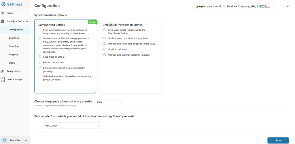 Choosing How Your Sales Data Syncs