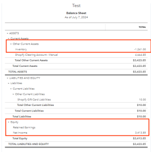 SyncTools integration producing QuickBooks balance sheet to provide a clear view of ecommerce assets, liabilities, and equity