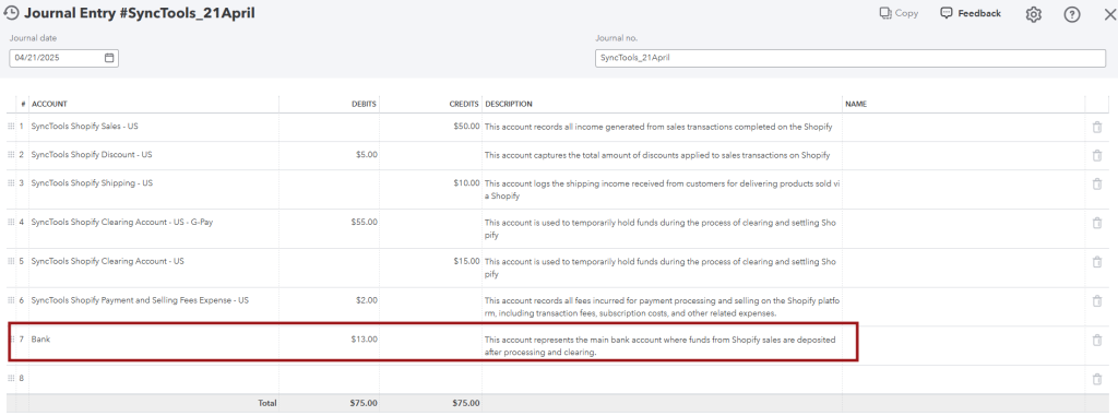 SyncTools bank transaction view displaying imported payments for reconciliation in ecommerce accounting and financial management