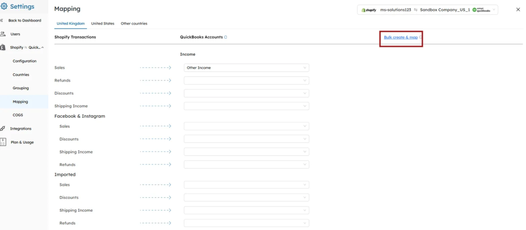 SyncTools bulk create map button for quickly mapping multiple products or accounts in ecommerce accounting integrations