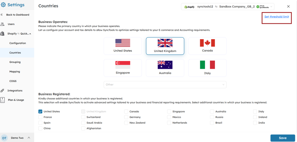 SyncTools settings showing registered business operating address details for accurate invoicing and ecommerce tax compliance