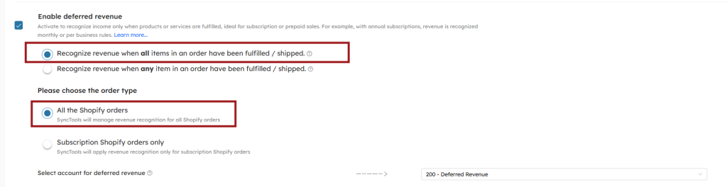 SyncTools configuration panel for setting up deferred revenue accounts to manage income recognition in ecommerce accounting systems