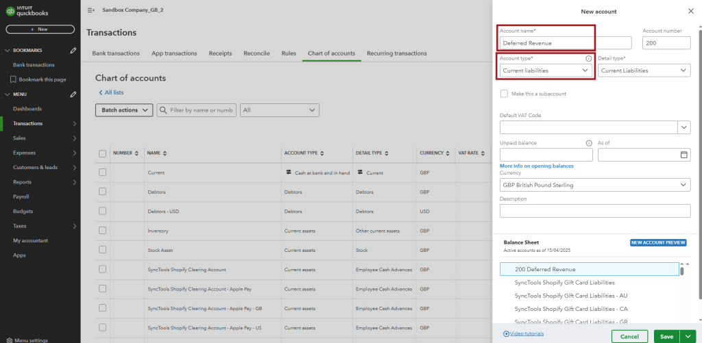 SyncTools deferred revenue account type settings for accurate revenue recognition and financial reporting in ecommerce accounting
