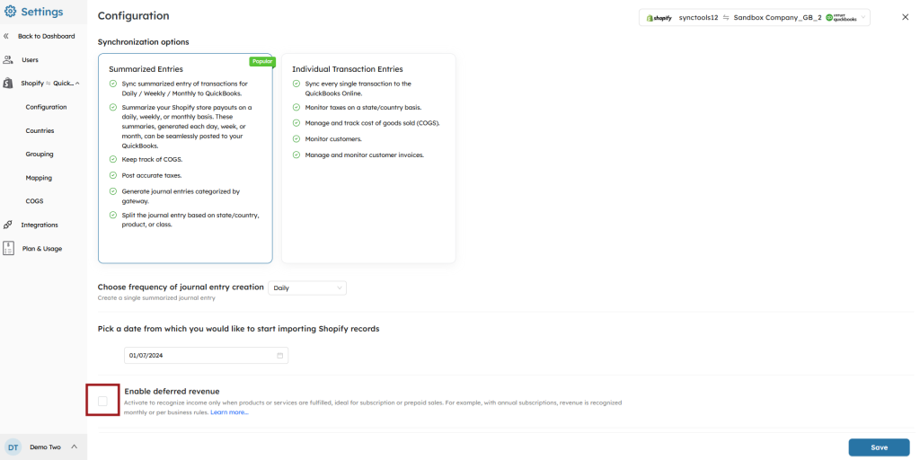SyncTools settings screen to enable deferred revenue for precise income recognition and improved ecommerce financial management