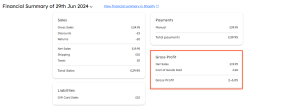 SyncTools financial summary after COGS entry showing updated ecommerce profit and expense calculations in accounting reports