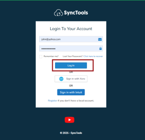 SyncTools login screen for accessing the platform to manage ecommerce and accounting software integrations