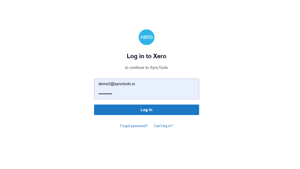 SyncTools login to Xero account screen for authorizing ecommerce integration with Xero accounting software