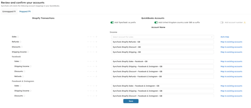 SyncTools mapped chart of accounts with auto-map feature for quick linking of ecommerce accounts to streamline bookkeeping