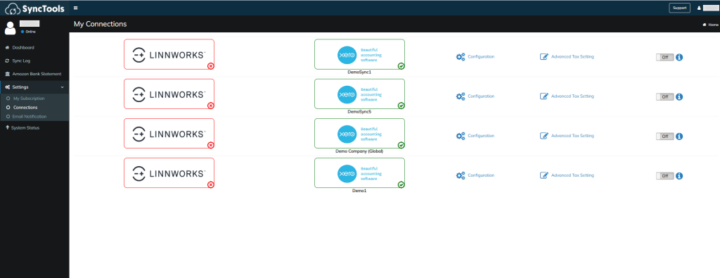SyncTools notification showing Linnworks account not connected for integration, requiring setup to enable ecommerce data synchronization