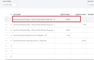 SyncTools refund journal entry view recording returned order amounts in ecommerce accounting for accurate financial tracking