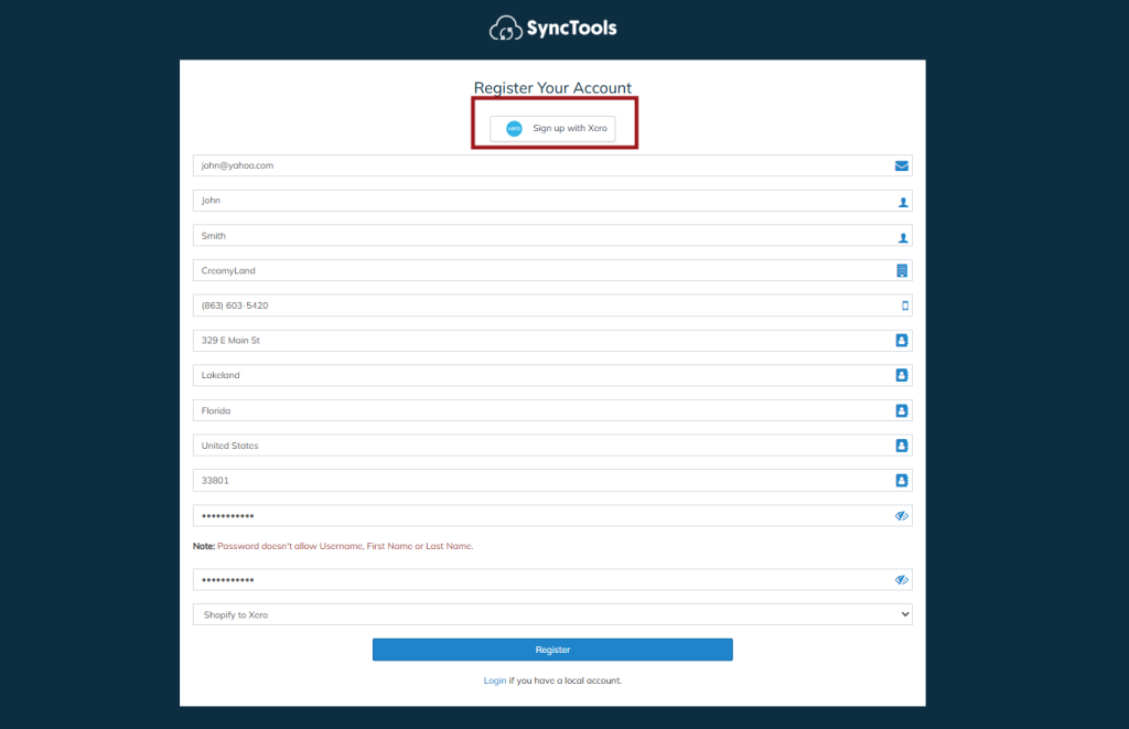 SyncTools register your account screen for creating a new user profile to set up ecommerce and accounting integration