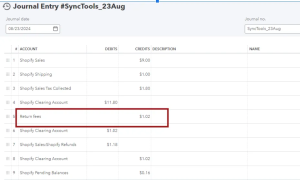 SyncTools return fees journal entry view recording charges for ecommerce order returns in integrated accounting systems