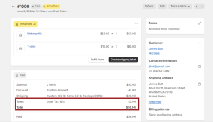 SyncTools tax in order view displaying applied tax amounts on ecommerce transactions for accurate accounting and compliance