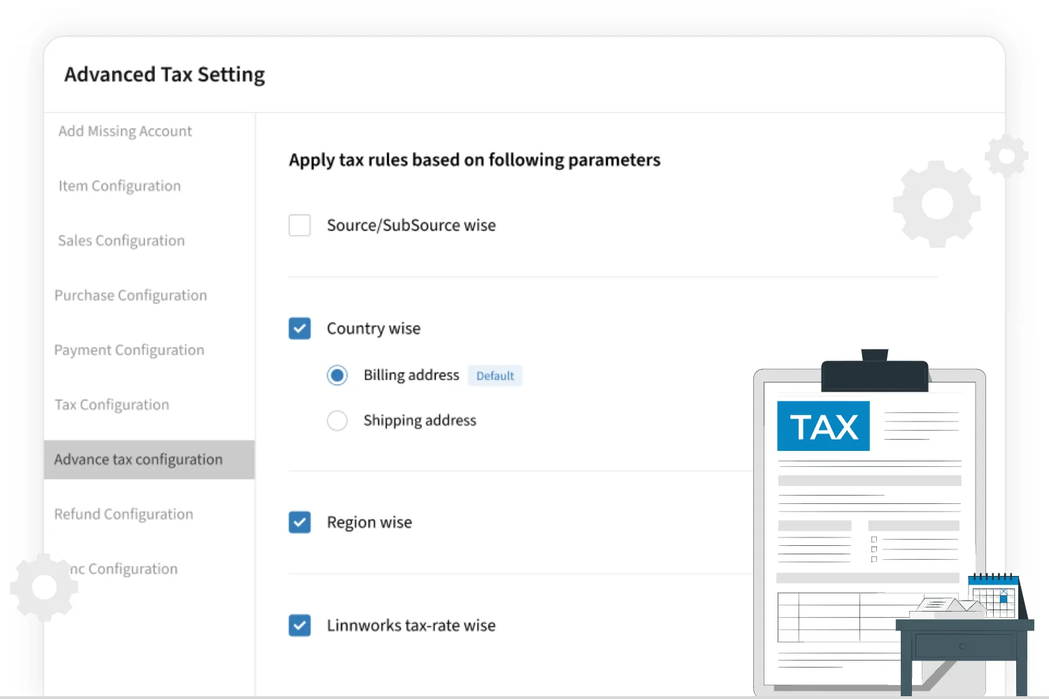 SyncTools advanced tax setting rules interface showing configuration options for applying specific tax logic to synced transactions.